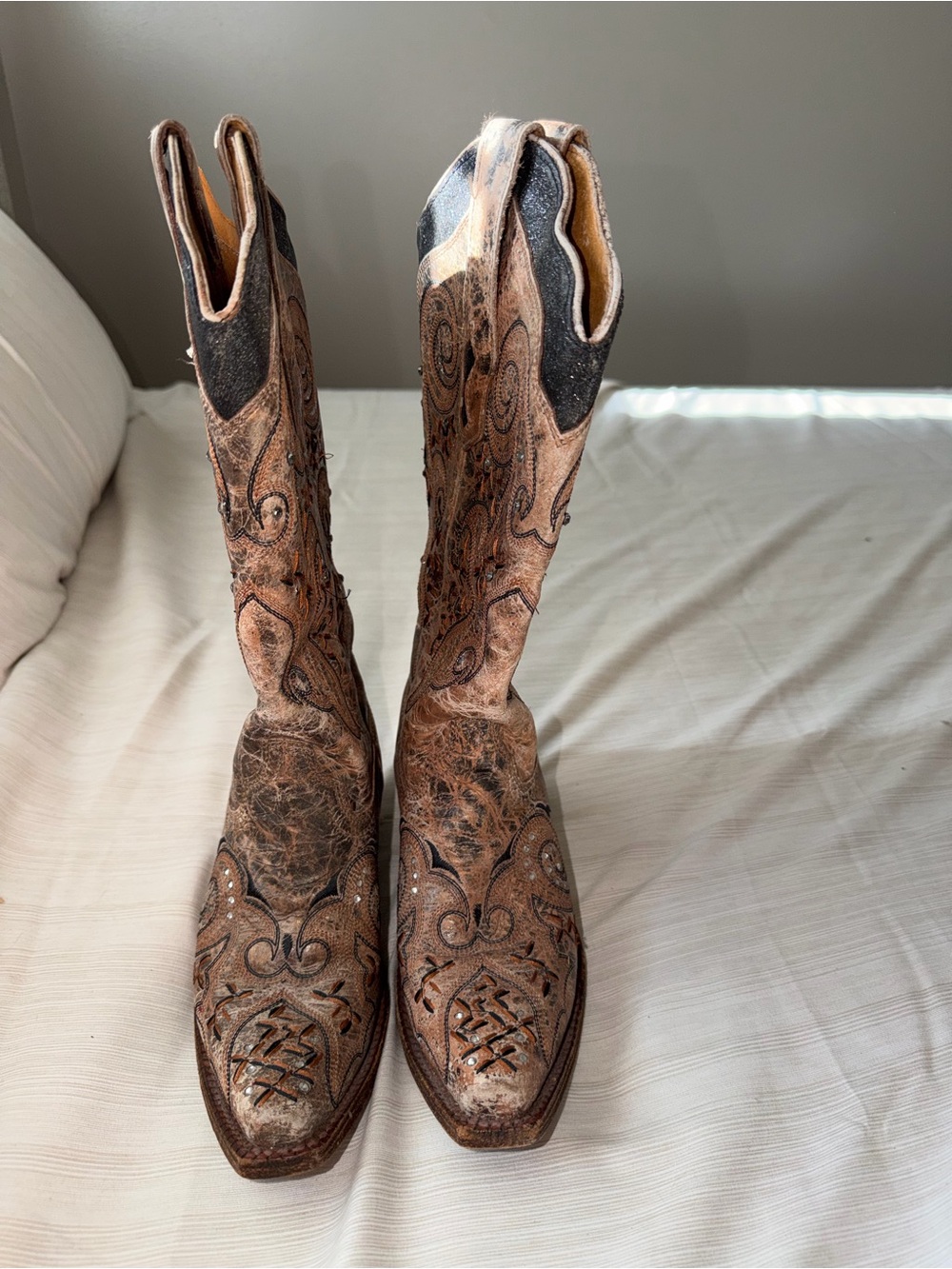 Over-the-Knee Western Embroidered Leather Boots - Brown